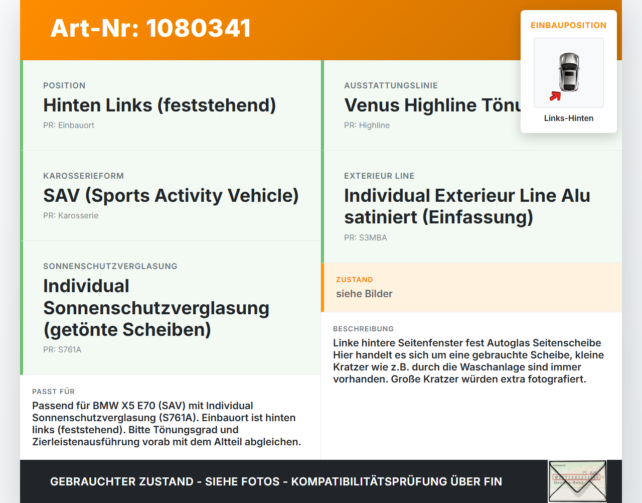 BMW X5 E70 07-10 Feste Seitenscheibe Scheibe Links Hinten Highline Venus Orig. getönt BMW X5 E70 07-10 01.10.2008... Vorschau 3