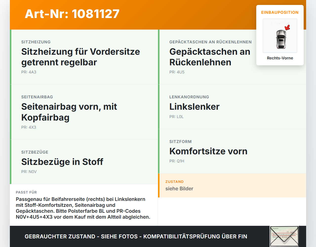 Skoda Fabia III NJ 14-18 5T Sitzbezug Rückenpolster Rechts Vorne für Beifahrer Sitz beheizt Skoda Fabia III NJ... Vorschau 3