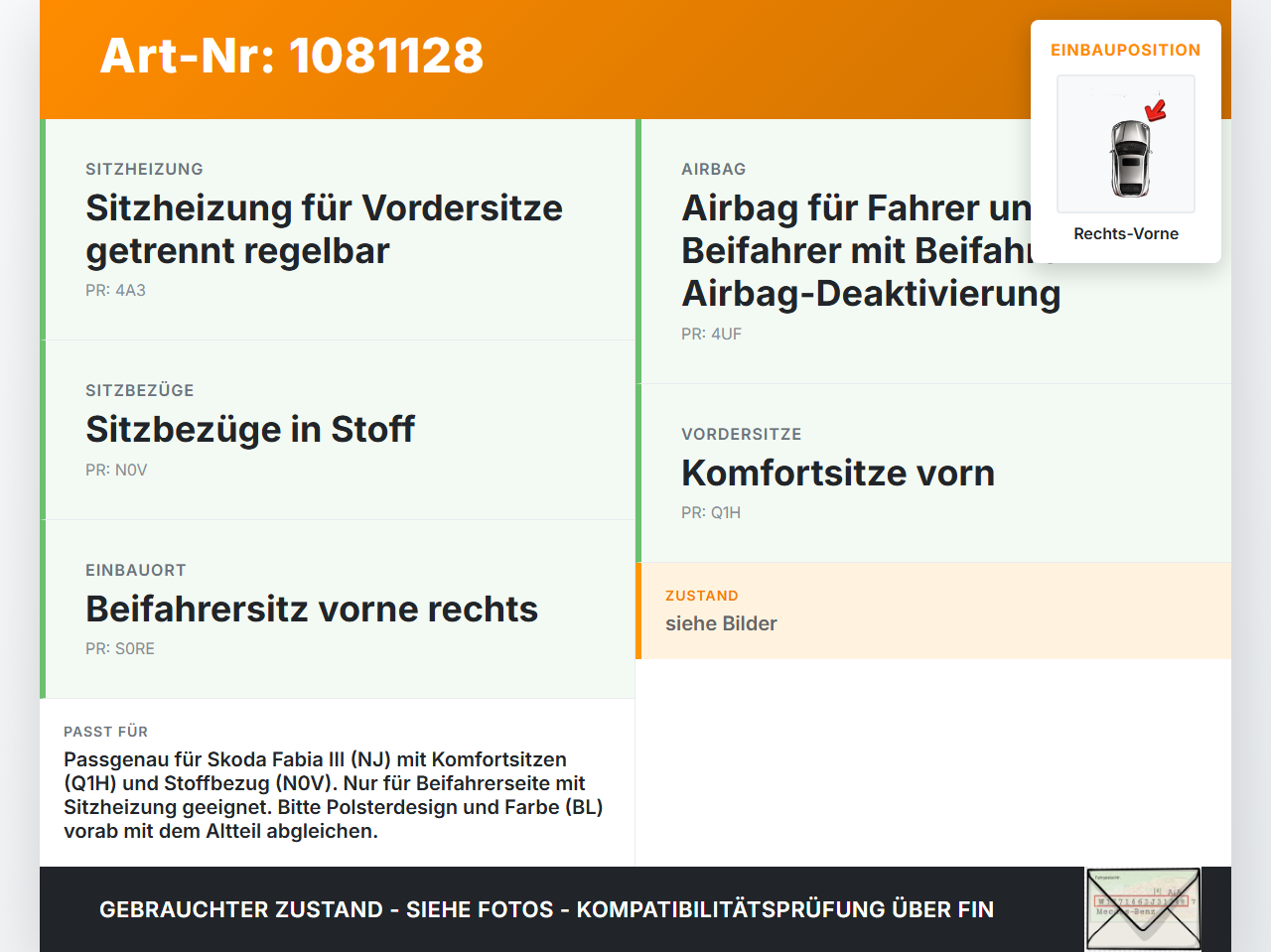 Skoda Fabia III NJ 14-18 5T Sitzbezug Sitzpolster für Beifahrersitz Rechts Vorne beheizt Skoda Fabia III NJ 14-18... Vorschau 3