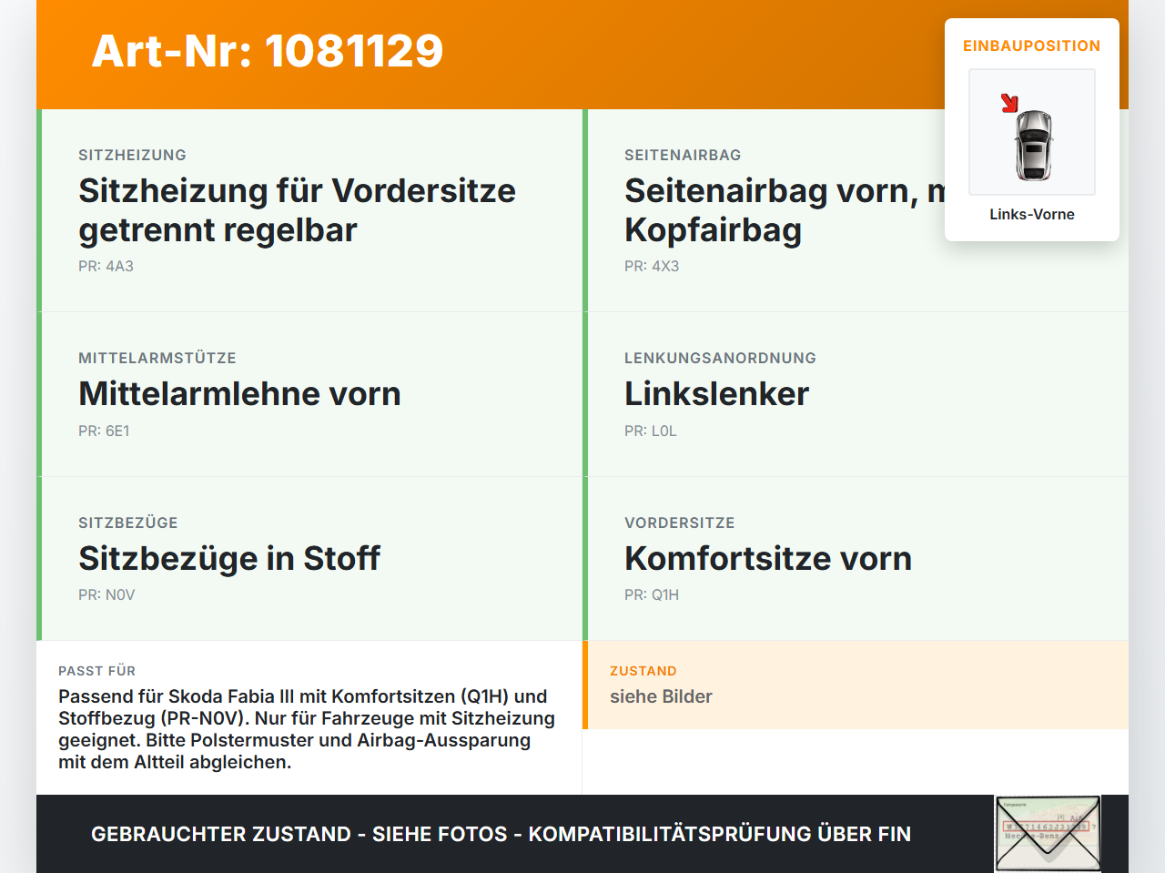 Skoda Fabia III NJ 14-18 5T Sitzbezug Sitzpolster für Fahrersitz Sitz Links Vorne beheizt Skoda Fabia III NJ 14-18... Vorschau 3