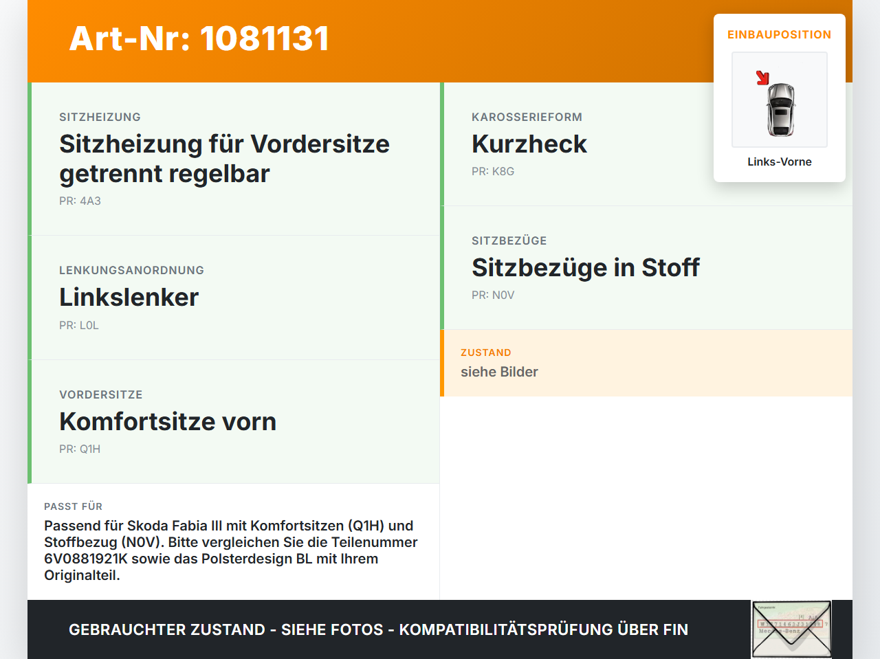 Skoda Fabia III NJ 14-18 Kopfstütze Vorne Links Skoda Fabia III NJ 14-18 22.01.2016 6V0881921K gebraucht Vorschau 3