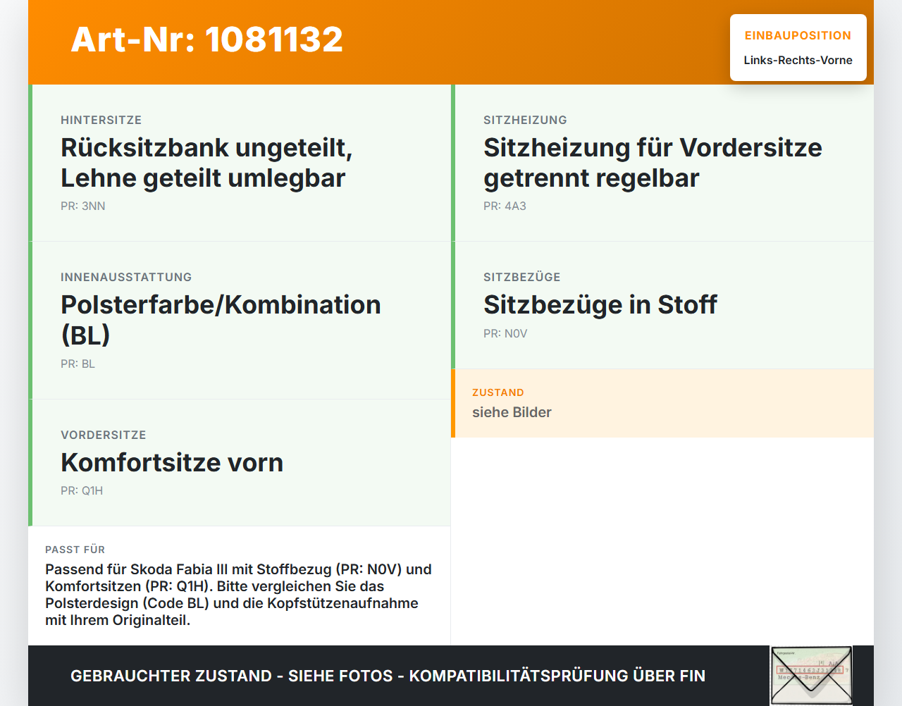 Skoda Fabia III NJ 14-18 5T Kopfstütze für Beifahrer Sitz Rechts oder Links Vorne Skoda Fabia III NJ 14-18... Vorschau 3