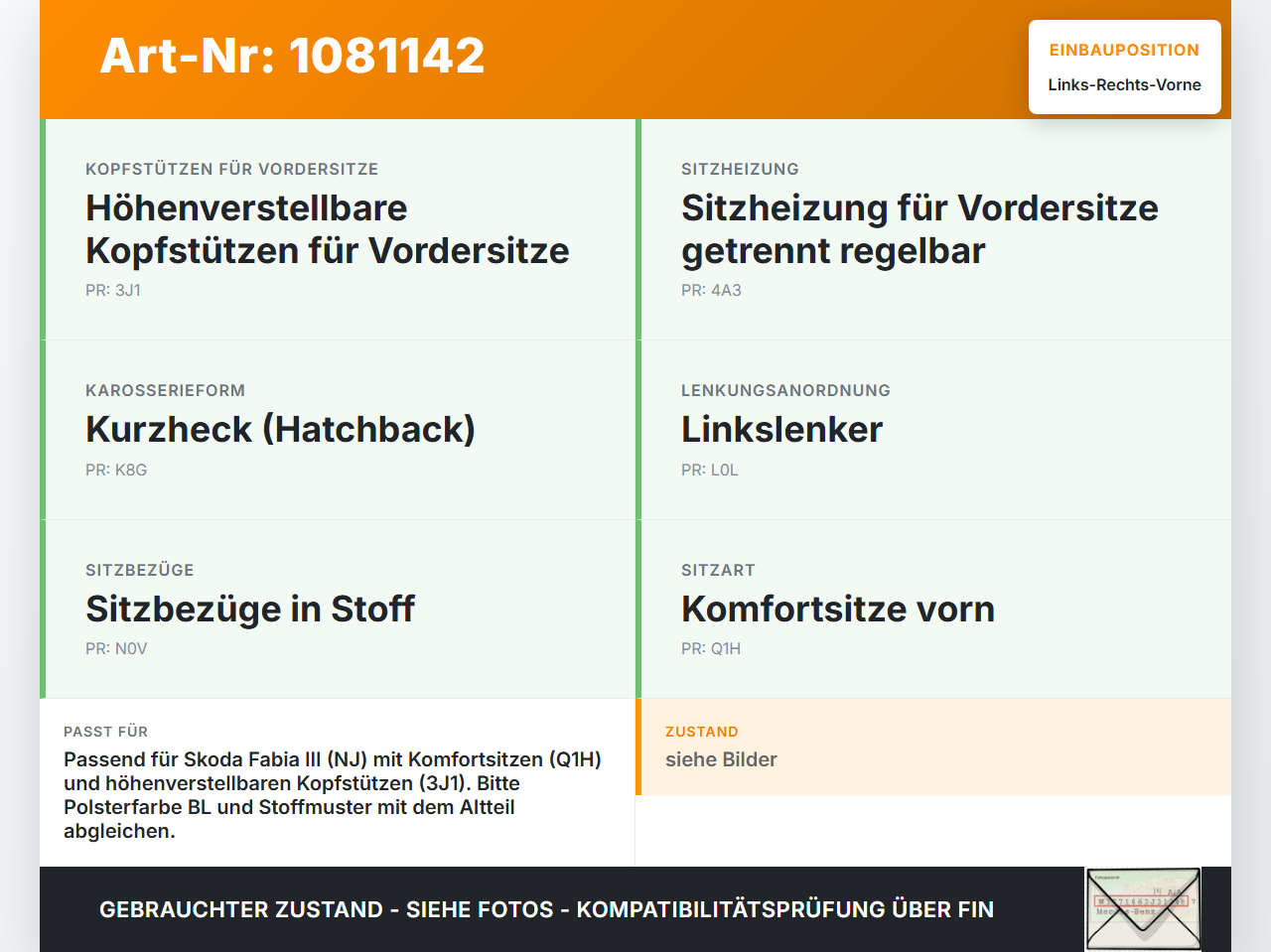 Skoda Fabia III NJ 14-18 5T Kopfstütze für Beifahrer Sitz Rechts oder Links Vorne Skoda Fabia III NJ 14-18... Vorschau 3