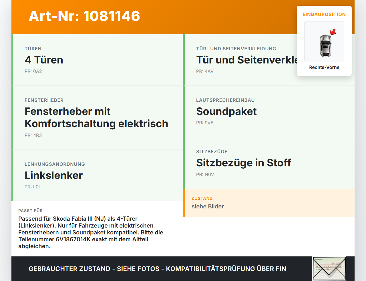 Skoda Fabia III NJ 14-18 5T Türverkleidung Türpappe Rechts Vorne Skoda Fabia III NJ 14-18 22.01.2016 6V0867012... Vorschau 3