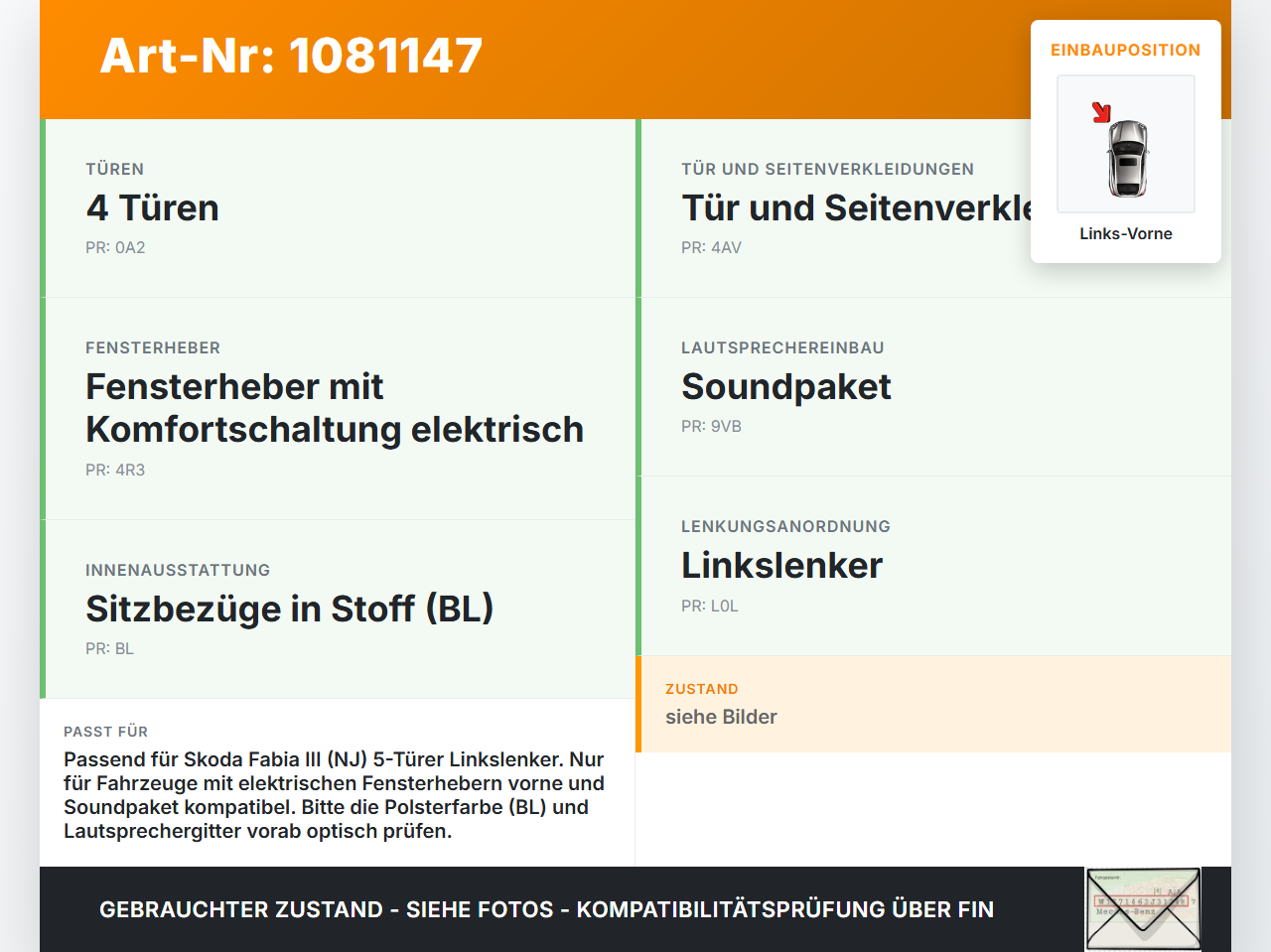 Skoda Fabia III NJ 14-18 5T Türverkleidung Türpappe Links Vorne Skoda Fabia III NJ 14-18 22.01.2016 6V0867011 gebraucht Vorschau 3