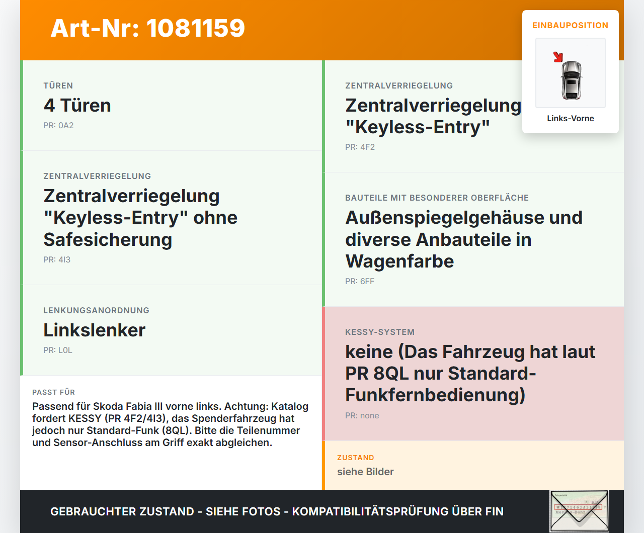 Skoda Fabia III NJ 14-18 5T Türgriff Griff aussen mit Träger Seilzug Links Vorne LF5A Skoda Fabia III NJ 14-18... Vorschau 3