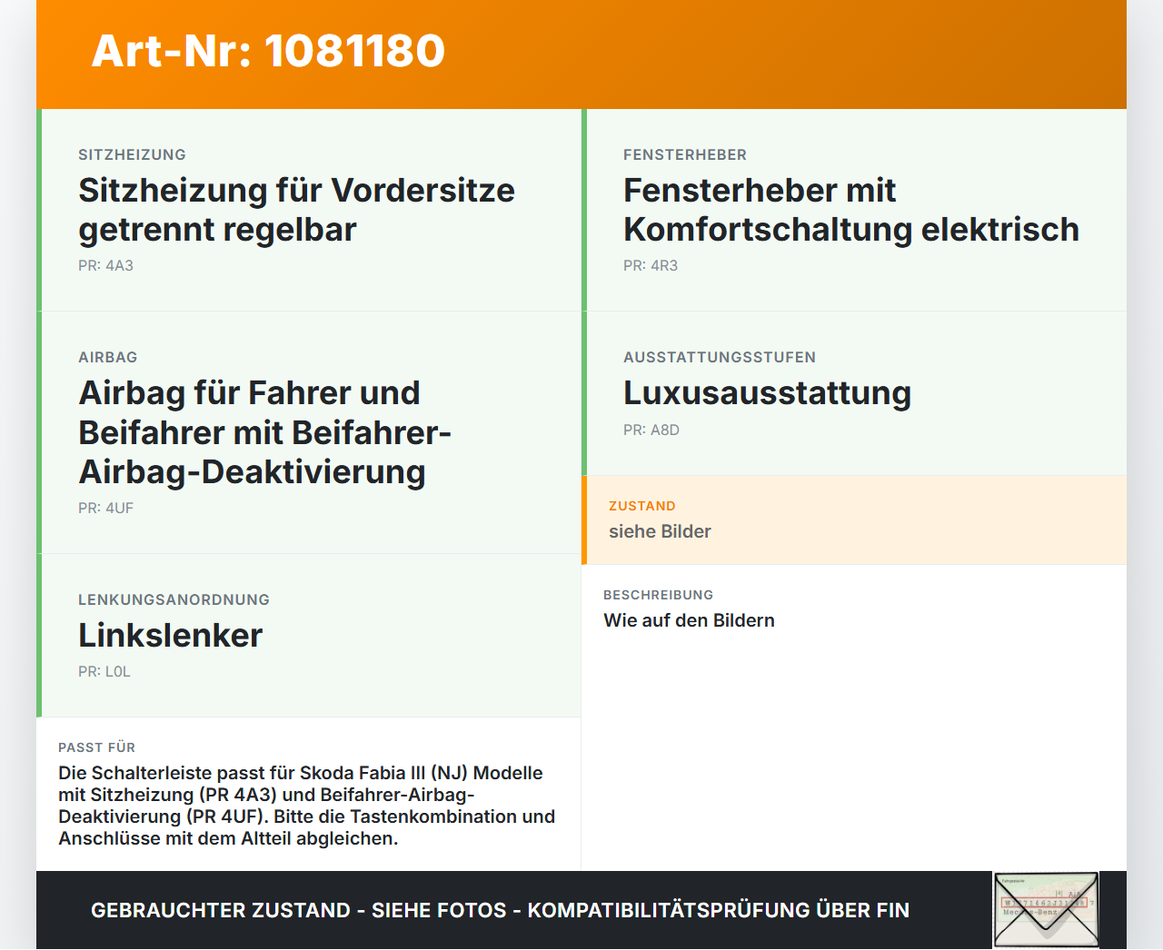 Skoda Fabia III NJ 14-18 Schalterleiste Sitzheizung Warnblinker ZV Skoda Fabia III NJ 14-18 22.01.2016 034985101-02... Vorschau 3