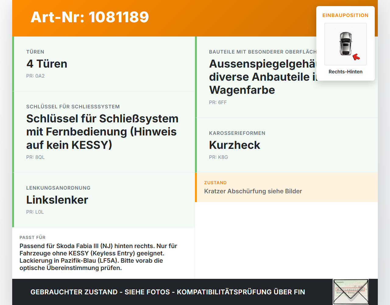 Skoda Fabia III NJ 14-18 5T Türgriff Griff aussen Rechts Hinten LF5A Skoda Fabia III NJ 14-18 22.01.2016 5G0837206N... Vorschau 3