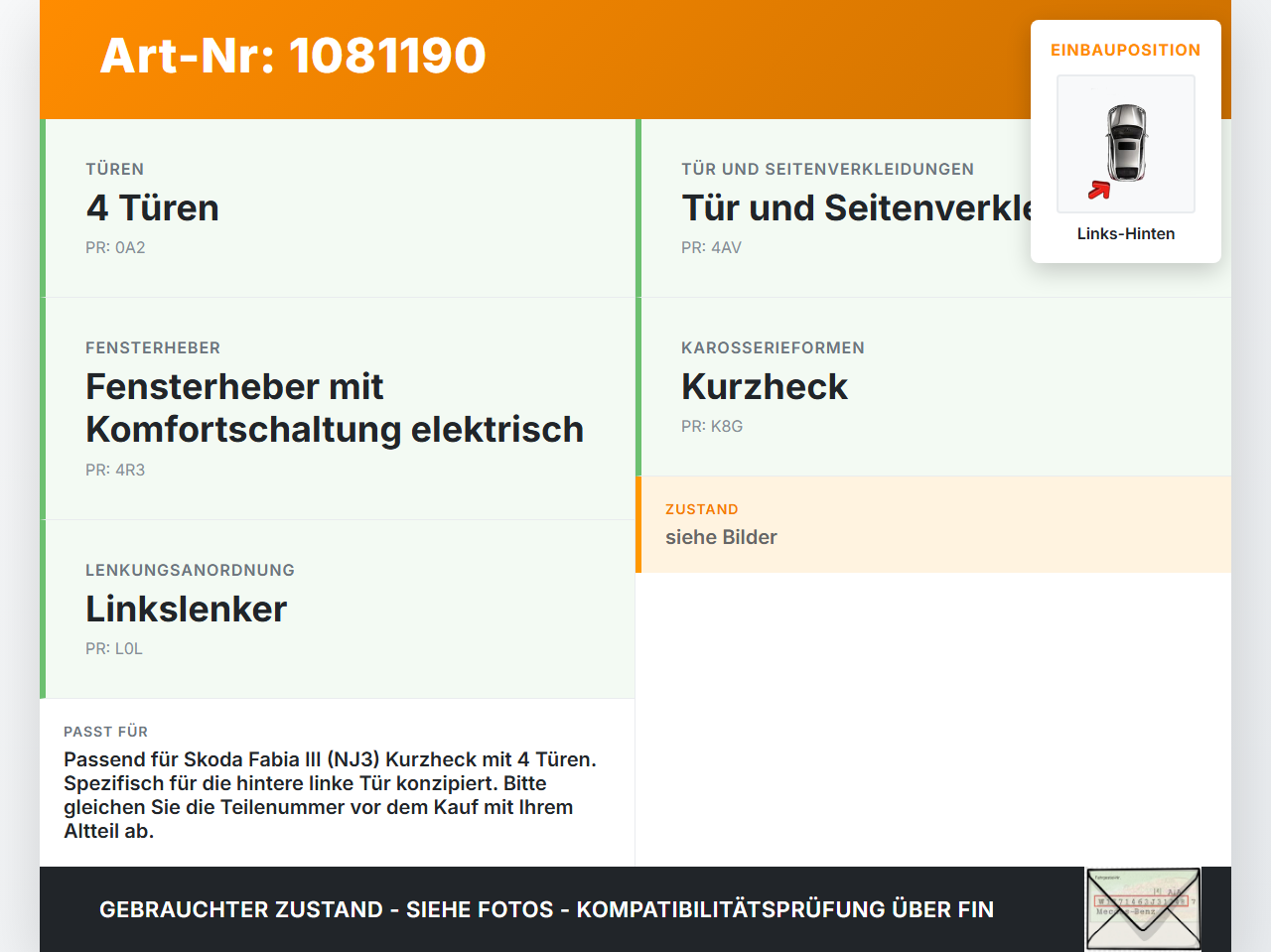 Skoda Fabia III NJ 14-18 5T Türfangband Türbremse Türfeststeller Fangband Links Hinten Skoda Fabia III NJ 14-18... Vorschau 3