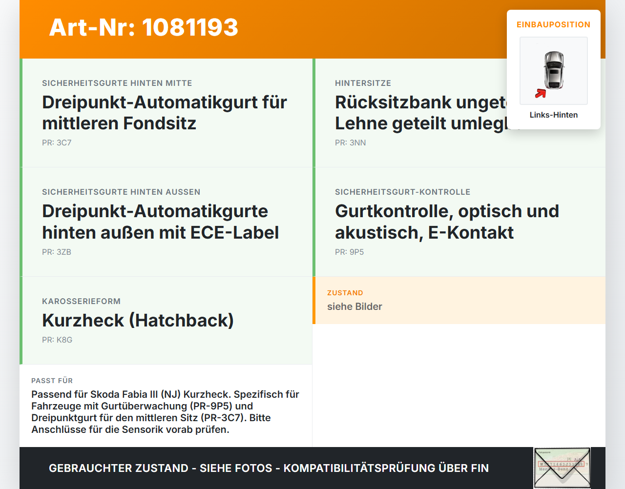 Skoda Fabia III NJ 14-18 5T Gurtschloss Links und Mitte Hinten Skoda Fabia III NJ 14-18 22.01.2016 6V0857739F gebraucht Vorschau 3