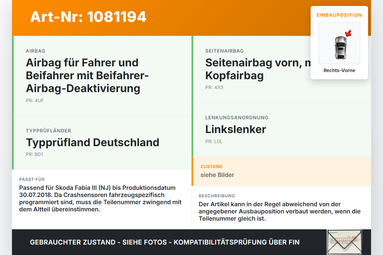 Skoda Fabia III NJ 14-18 Sensor für Airbag Crashsensor Airbagsensor Rechts Vorne Skoda Fabia III NJ 14-18... Vorschau 3