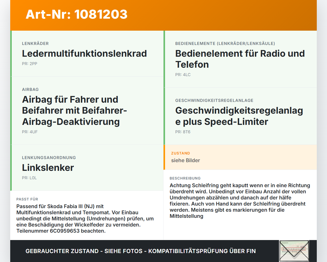 Skoda Fabia III NJ 14-18 Schleifring Wickelfeder Airbag Lenkrad Skoda Fabia III NJ 14-18 22.01.2016 6C0959653 gebraucht Vorschau 3