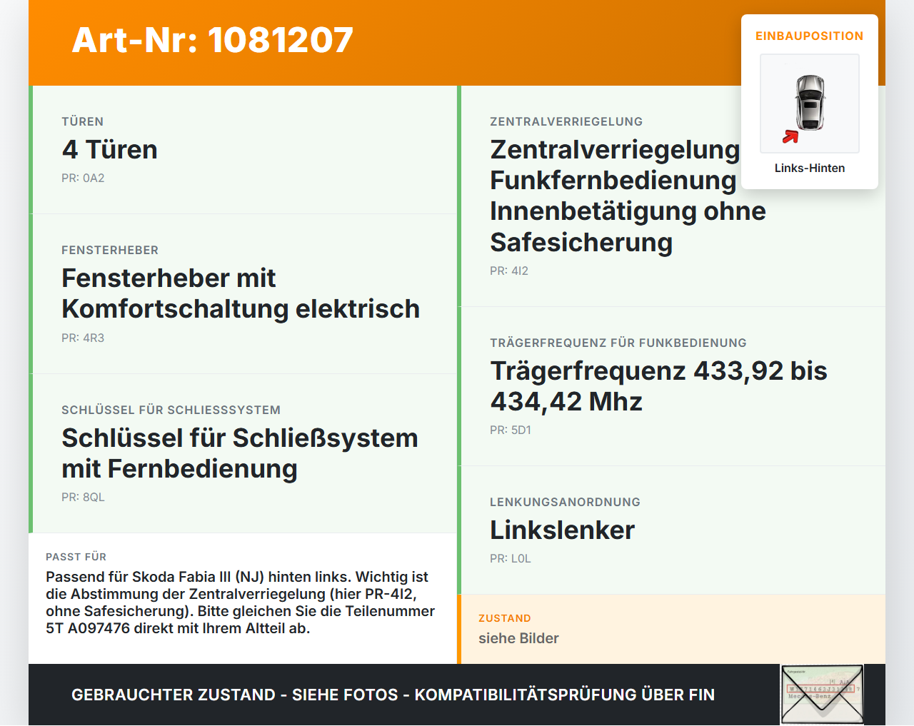 Skoda Fabia III NJ 14-18 5T Türschloss m. ZV Stellmotor Links Hinten Skoda Fabia III NJ 14-18 22.01.2016 5G4839015D... Vorschau 3