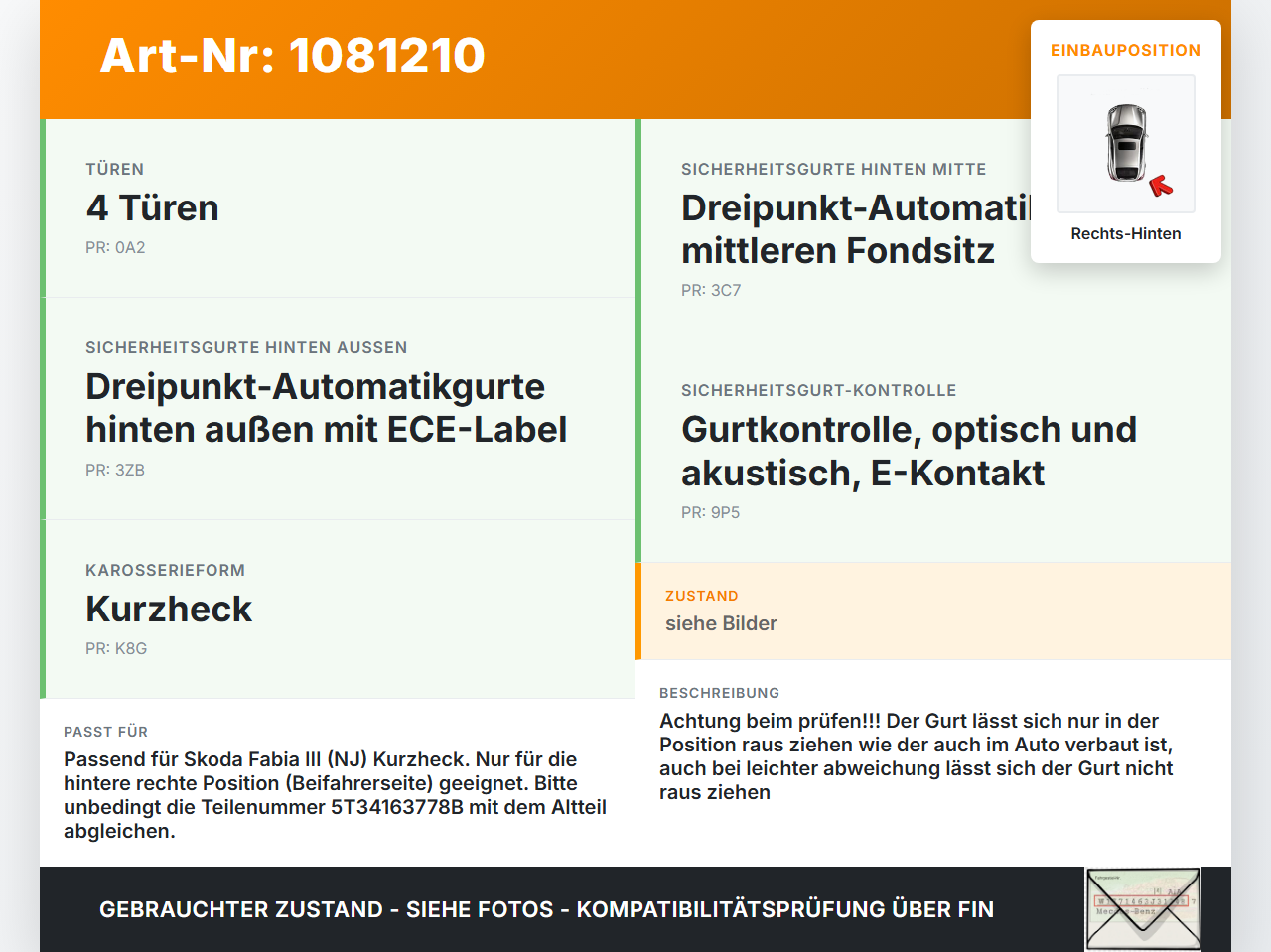 Skoda Fabia III NJ 14-18 5T Gurt Sicherheitsgurt Rechts Hinten Skoda Fabia III NJ 14-18 22.01.2016 6V0857448... Vorschau 3