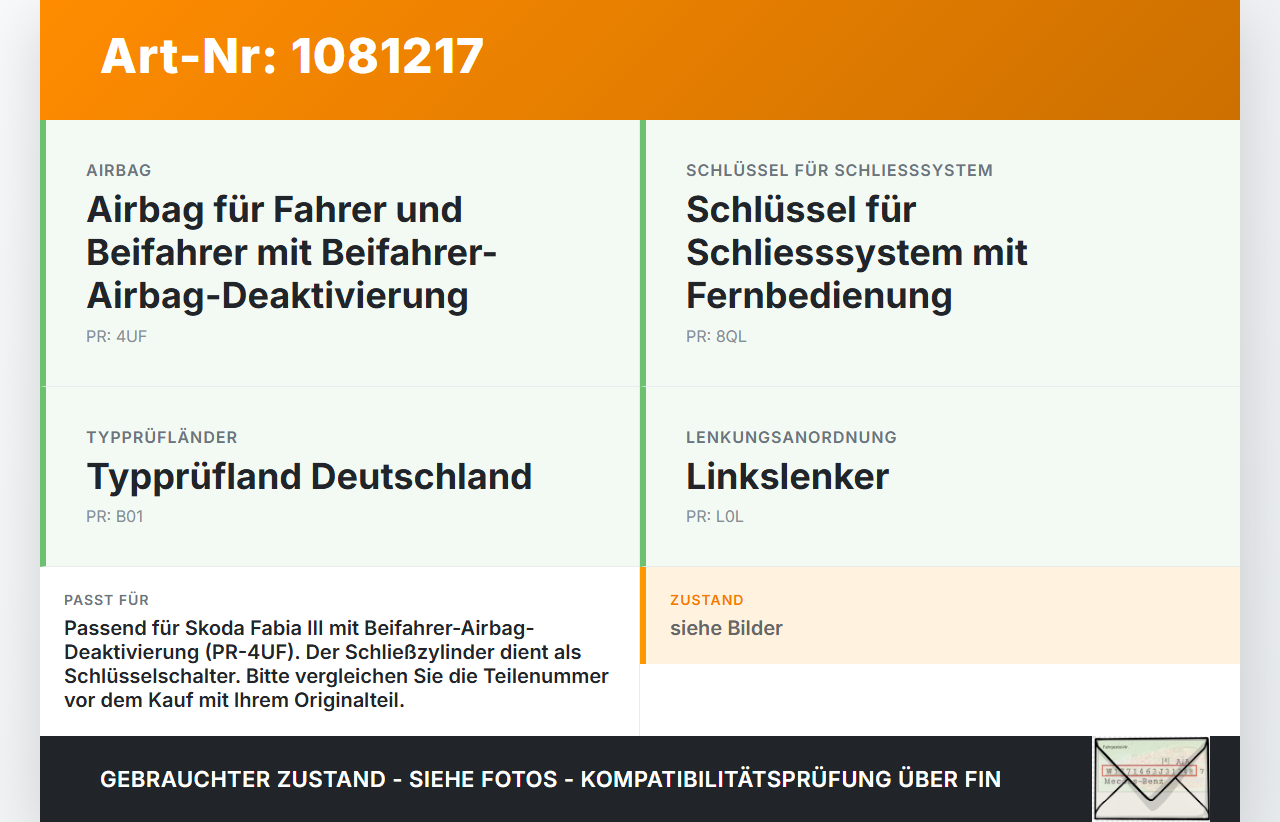 Skoda Fabia III NJ 14-18 TSI 1,2 66KW Schliesszylinder für Beifahrer Airbag Sicherung Skoda Fabia III NJ 14-18... Vorschau 3