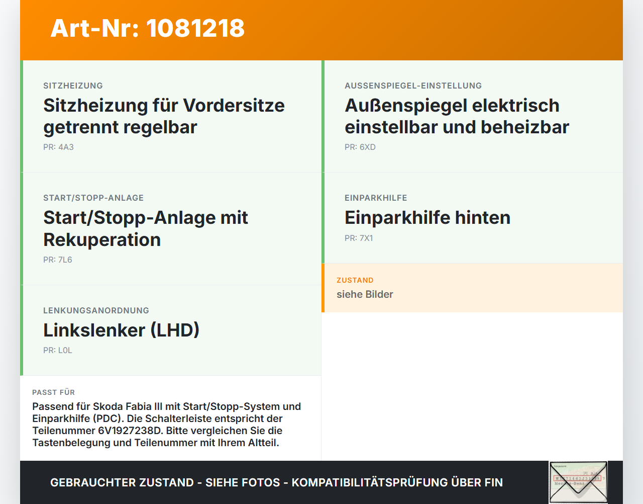 Skoda Fabia III NJ 14-18 Schalter Autom. Skoda Fabia III NJ 14-18 22.01.2016 034985051-01 6V1927238D gebraucht Vorschau 3