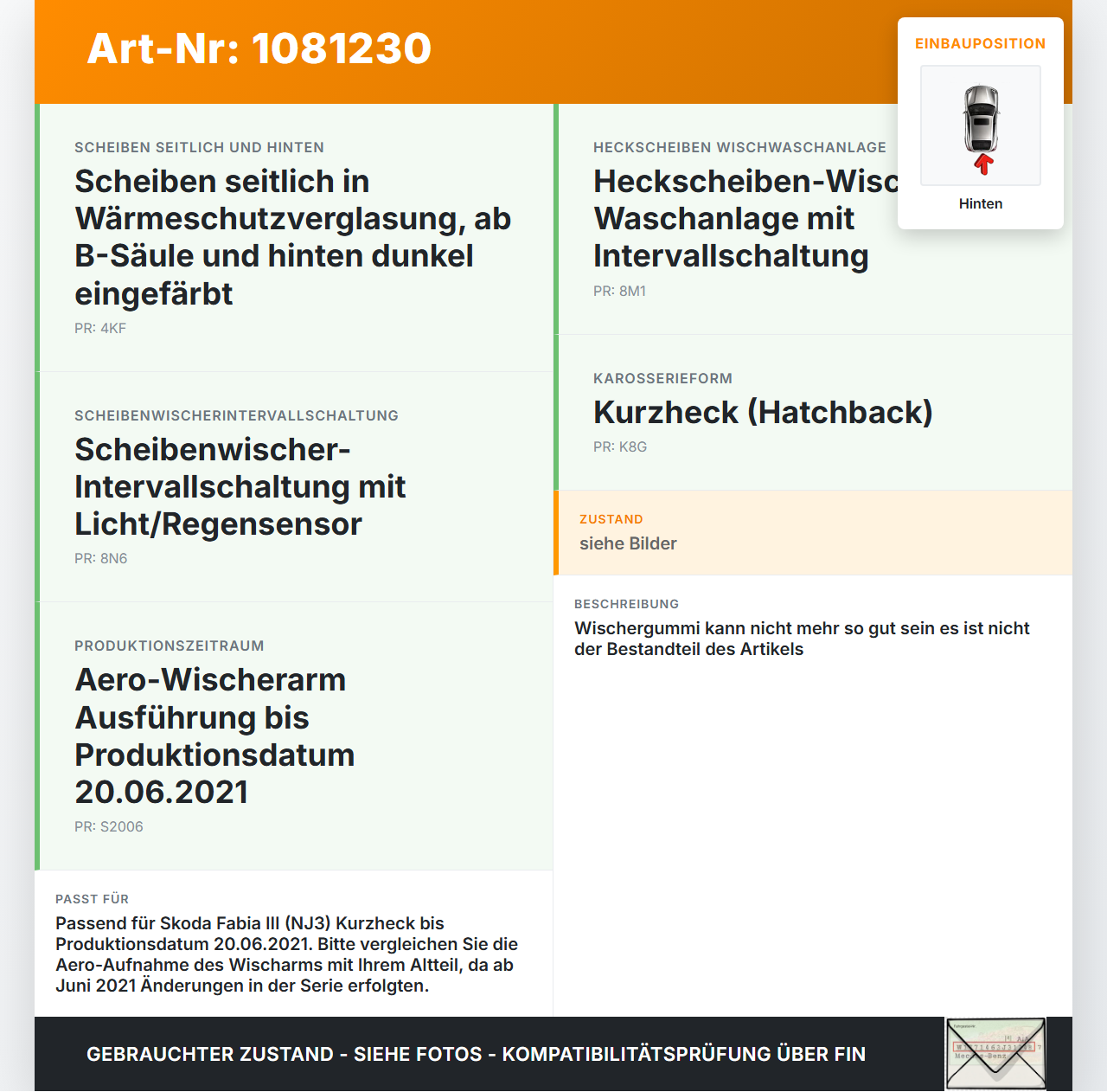 Skoda Fabia III NJ 14-18 5T Heckwischer Scheibenwischer Hinten Wischarm Skoda Fabia III NJ 14-18 22.01.2016... Vorschau 3