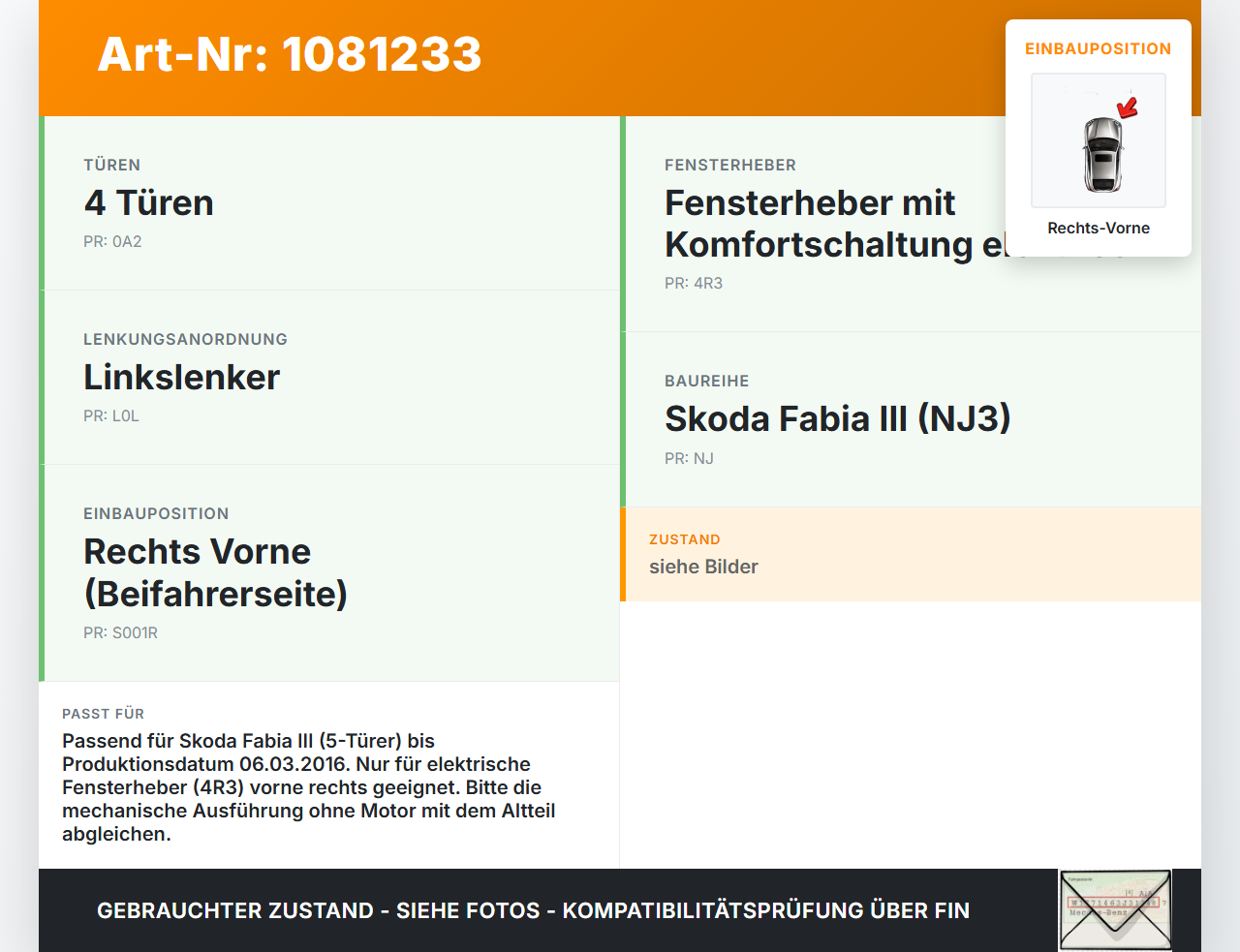 Skoda Fabia III NJ 14-18 5T Fensterheber o. FH-Motor Rechts Vorne Skoda Fabia III NJ 14-18 22.01.2016 6V0837462... Vorschau 3