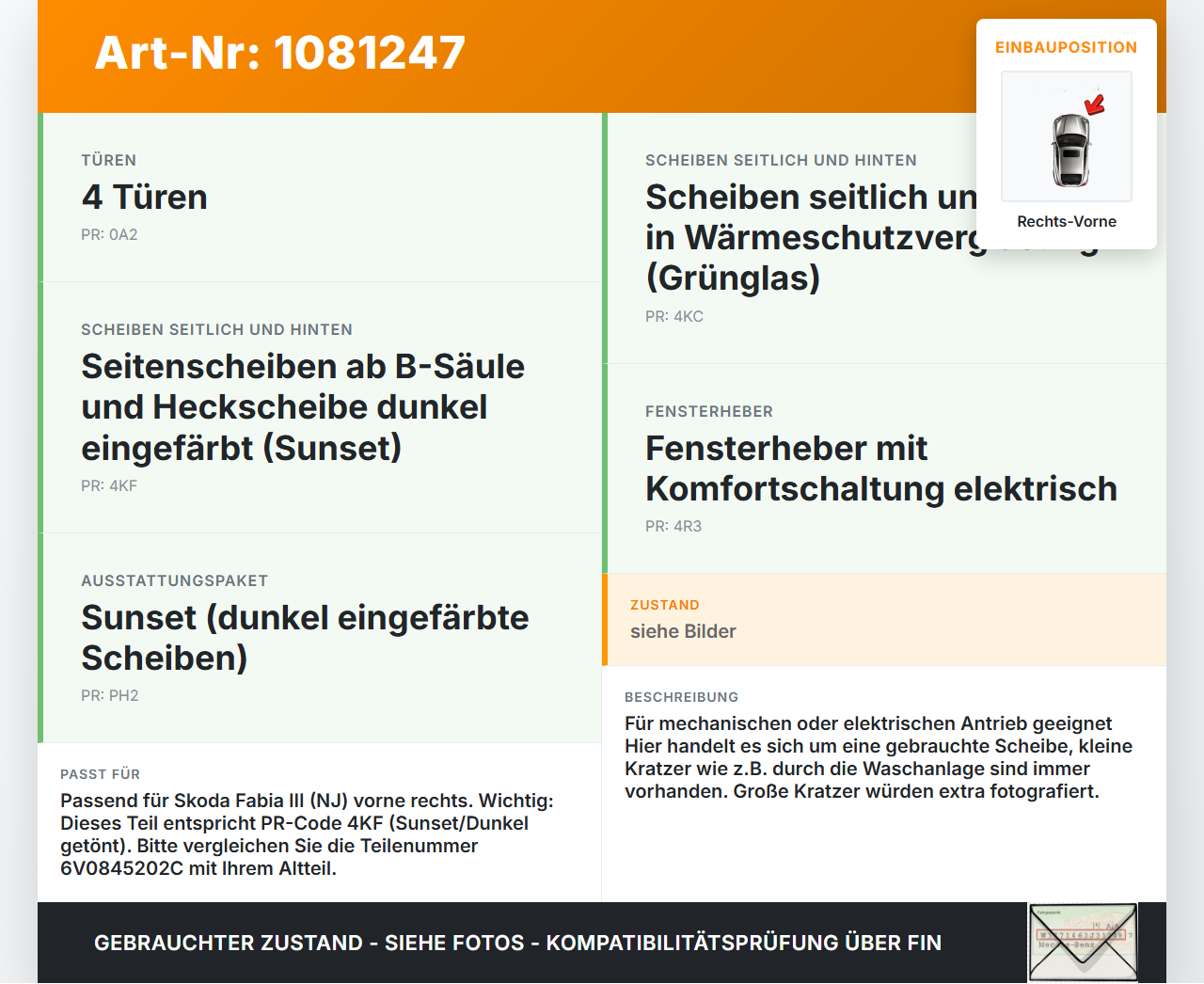 Skoda Fabia III NJ 14-18 5T Seitenscheibe RVK Türscheibe Rechts Vorne Skoda Fabia III NJ 14-18 22.01.2016... Vorschau 3