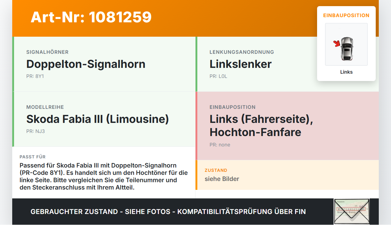 Skoda Fabia III NJ 14-18 Hupe Signalhorn Fanfare Links Hochtöner Skoda Fabia III NJ 14-18 22.01.2016 5Q0951223B... Vorschau 3