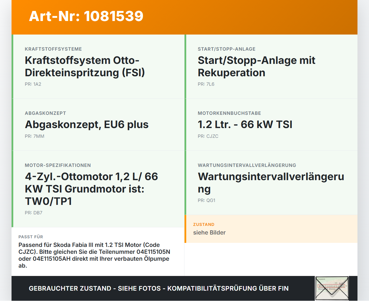Skoda Fabia III NJ 14-18 TSI 1,2 66KW CJZC Ölpumpe Skoda Fabia III NJ 14-18 22.01.2016 04E115105AH gebraucht Vorschau 3
