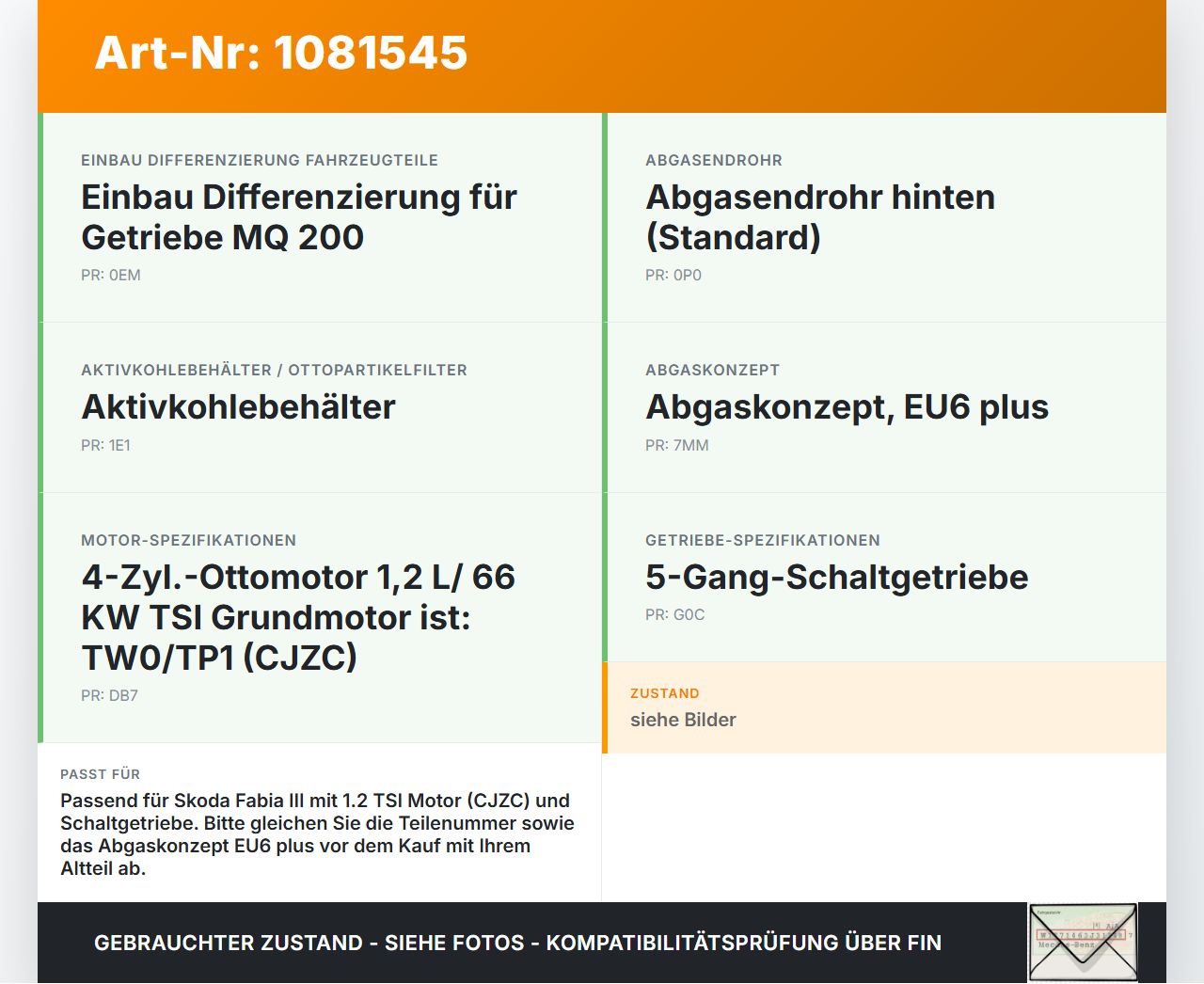 Skoda Fabia III NJ 14-18 TSI 1,2 66KW Katalysator Kat Vorkat Flexrohr Partikelfilter Skoda Fabia III NJ 14-18... Vorschau 3