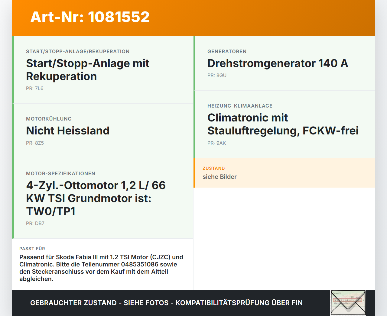 Skoda Fabia III NJ 14-18 TSI 1,2 66KW Lüfter Ventilator f. Kühler Skoda Fabia III NJ 14-18 22.01.2016 6R0959455E... Vorschau 3