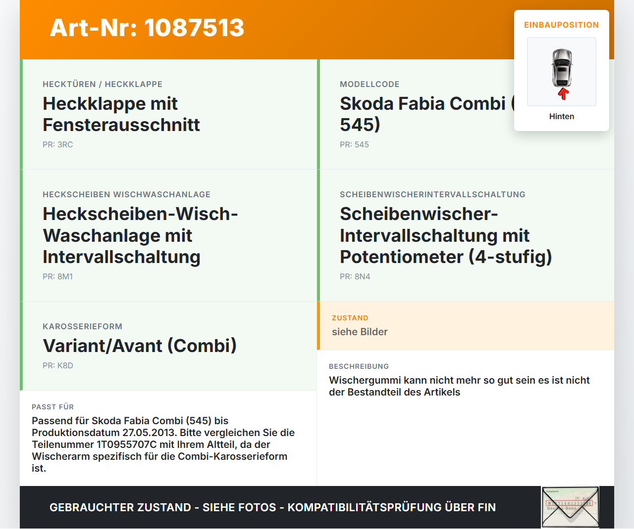 Skoda Fabia 545 10-14 Kombi Heckwischer Scheibenwischer Hinten Wischarm Skoda Fabia 545 10-14 31.05.2010 1T0955707C... Vorschau 3