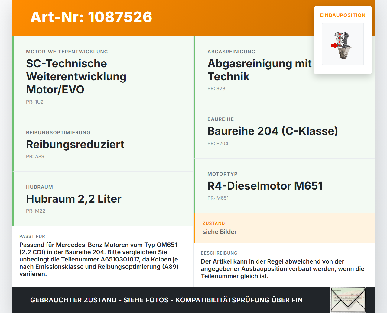 Mercedes S204 W204 11-15  CDI 2,1 125KW 651911 Kolben mit Pleuel Pos A Mercedes S204 W204 11-15 11.05.2012... Vorschau 3
