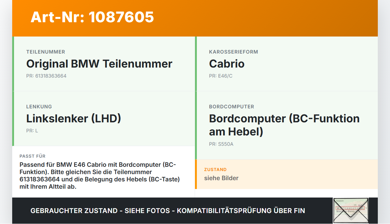 BMW 318Ci E46 00-03 Lenkstockschalter Wischerschalter Wischer BMW 318Ci E46 00-03 25.02.2002 61318363664 8363664... Vorschau 3