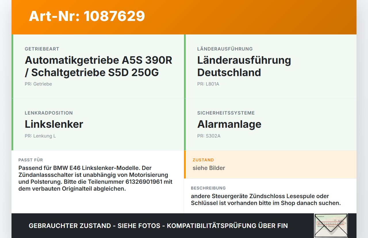 BMW 318Ci E46 00-03 Zündschalter ohne Zündschloss BMW 318Ci E46 00-03 25.02.2002 61326901961 6901961 gebraucht Vorschau 3