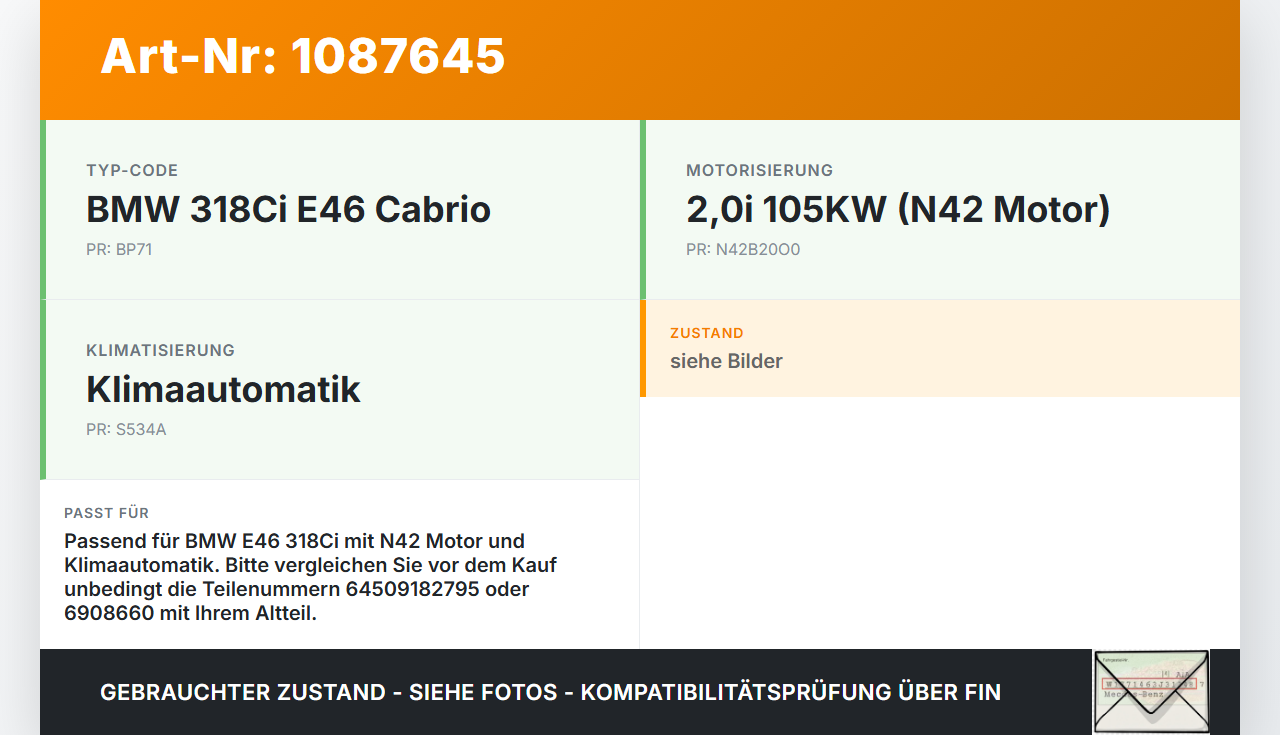 BMW 318Ci E46 00-03 2,0i 105KW Klimakompressor Klima Kompressor BMW 318Ci E46 00-03 25.02.2002 9182795 64509182795... Vorschau 3