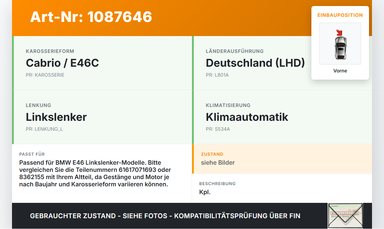 BMW 318Ci E46 00-03 Wischermotor m. Wischergestänge Vorne BMW 318Ci E46 00-03 25.02.2002 7071693 61617071693... Vorschau 3