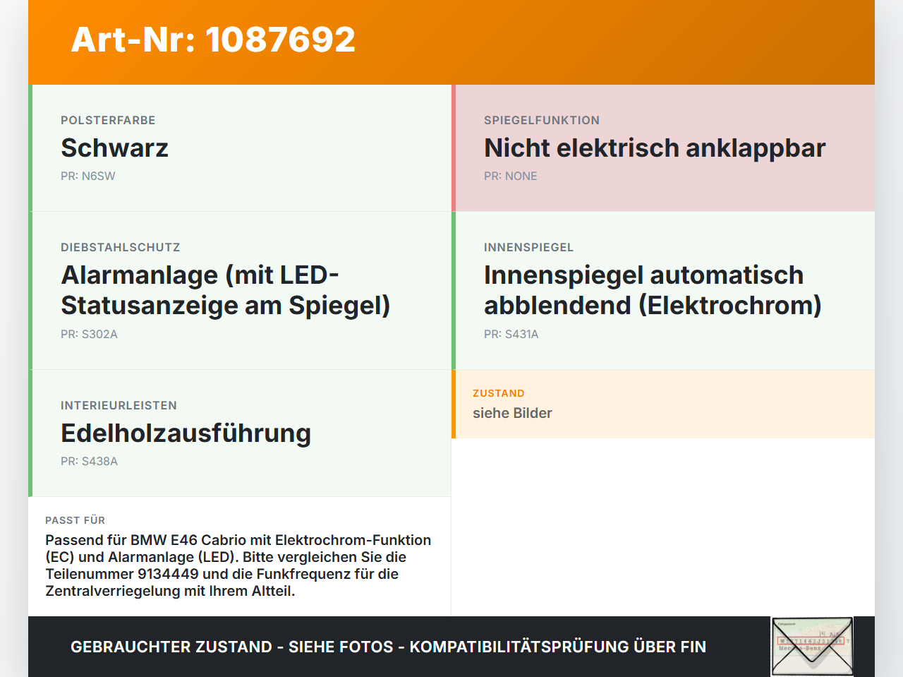 BMW 318Ci E46 00-03 Innenspiegel Rückspiegel Spiegel Innen Elektrochrom EC LED Funk BMW 318Ci E46 00-03 25.02.2002... Vorschau 3