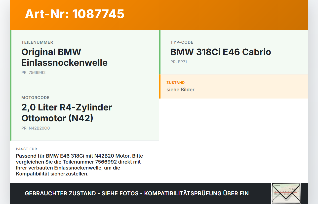 BMW 318Ci E46 00-03 2,0i 105KW N42B20O0 Nockenwelle Einlass Einlassnockenwelle BMW 318Ci E46 00-03 25.02.2002... Vorschau 3