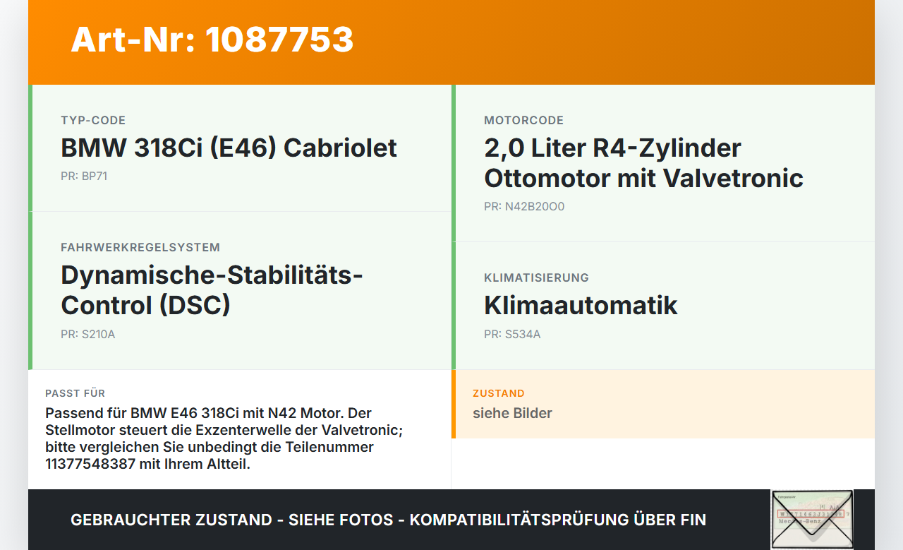 BMW 318Ci E46 00-03 2,0i 105KW N42B20O0 Stellmotor Exzenterwelle Valvetronic Nockenwellenverstellung BMW 318Ci E46... Vorschau 3