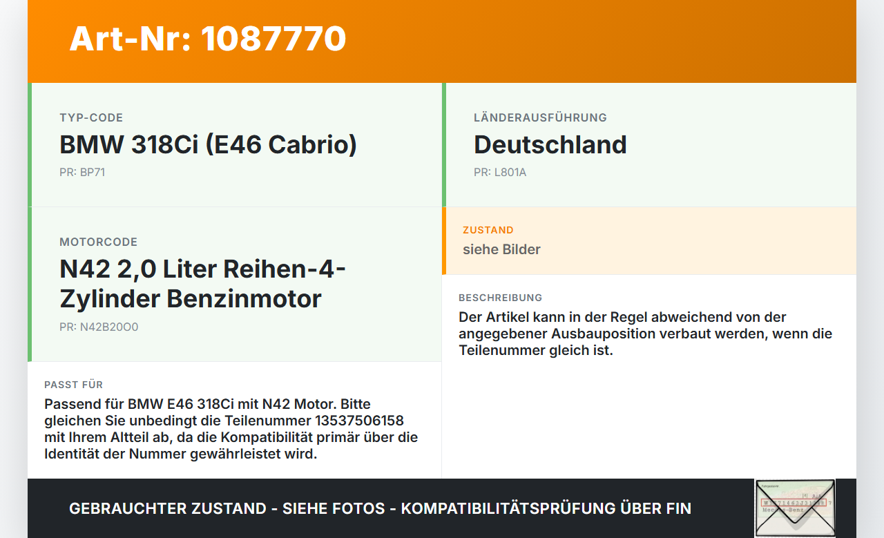 BMW 318Ci E46 00-03 2,0i 105KW Einspritzdüse Einspritzventil Zyl.3 BMW 318Ci E46 00-03 25.02.2002 13537506158... Vorschau 3
