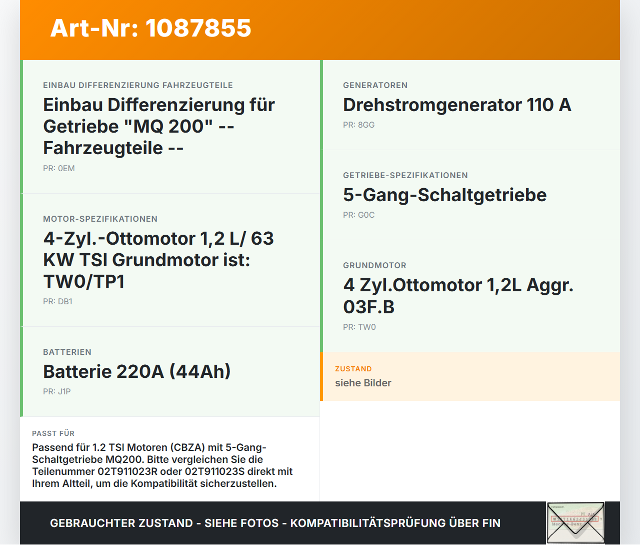 Skoda Fabia 545 10-14 TSI 1,2 63KW Anlasser Starter Skoda Fabia 545 10-14 31.05.2010 02T911023R gebraucht Vorschau 3