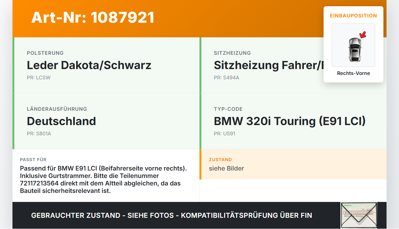 BMW E91 320i LCI 08-11 Kombi Gurtstraffer Gurtschloss Beifahrer Rechts Vorne BMW E91 320i LCI 08-11 31.08.2009... Vorschau 3