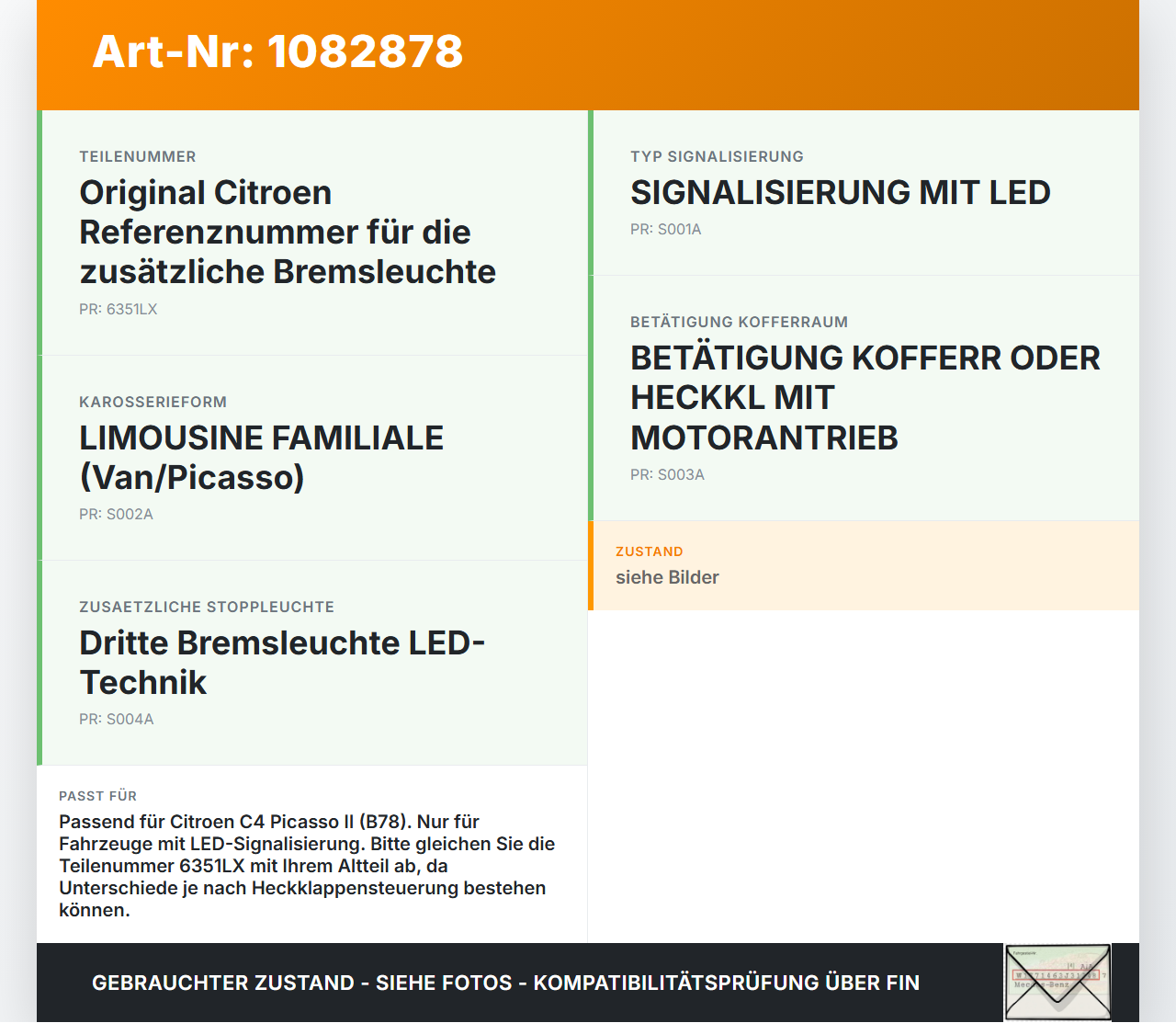Citroen C4 Picasso II 13-16 THP 1,6 115KW dritte Bremsleuchte Rückleuchte Hochgesetzt Stoplicht Citroen C4 Picasso... Vorschau 3