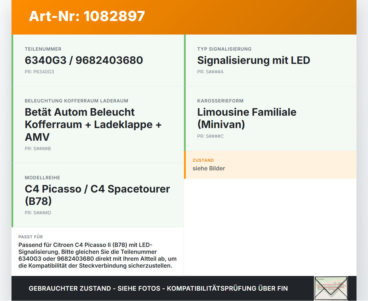 Citroen C4 Picasso II 13-16 Kennzeichenleuchte Nummernschildbeleuchtung Lampe Citroen C4 Picasso II 13-16... Vorschau 3