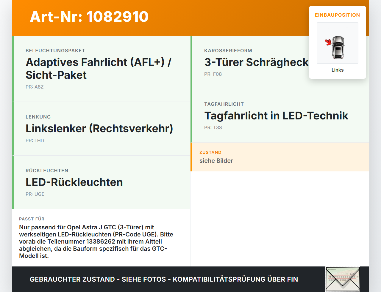 Opel Astra J GTC 11-18 3T Rückleuchte Heckleuchte Hecklicht LED Links Opel Astra J GTC 11-18 16.11.2011 13386262... Vorschau 3