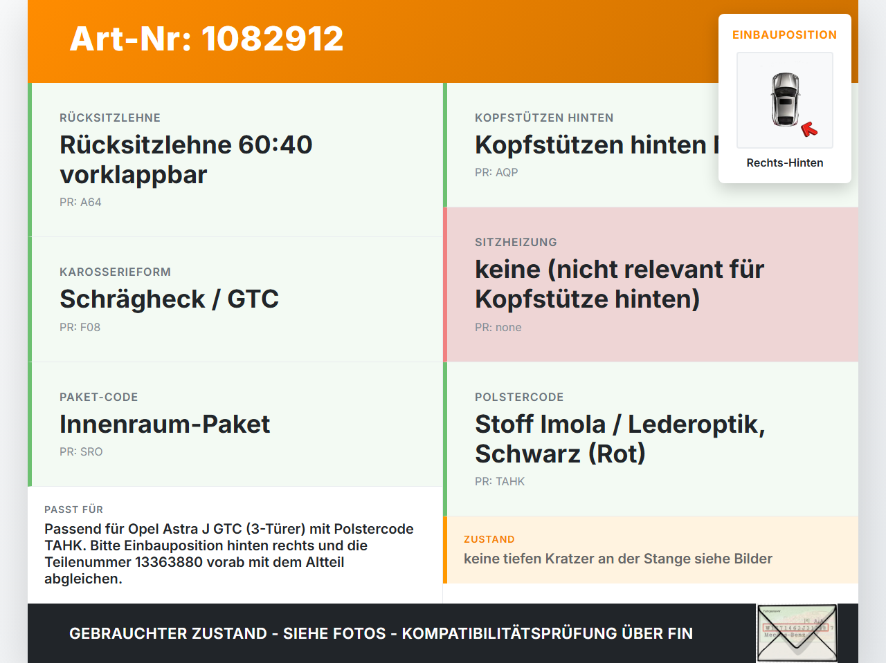 Opel Astra J GTC 11-18 Kopfstütze Nackenstütze Leder Schwarz mit roter Naht Rechts Hinten Opel Astra J GTC 11-18... Vorschau 3