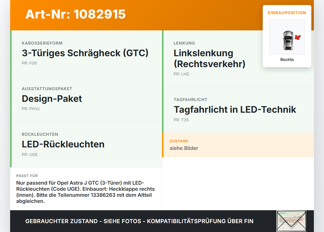 Opel Astra J GTC 11-18 3T Rückleuchte Heckleuchte Innen Heckklappe Rechts Opel Astra J GTC 11-18 16.11.2011... Vorschau 3