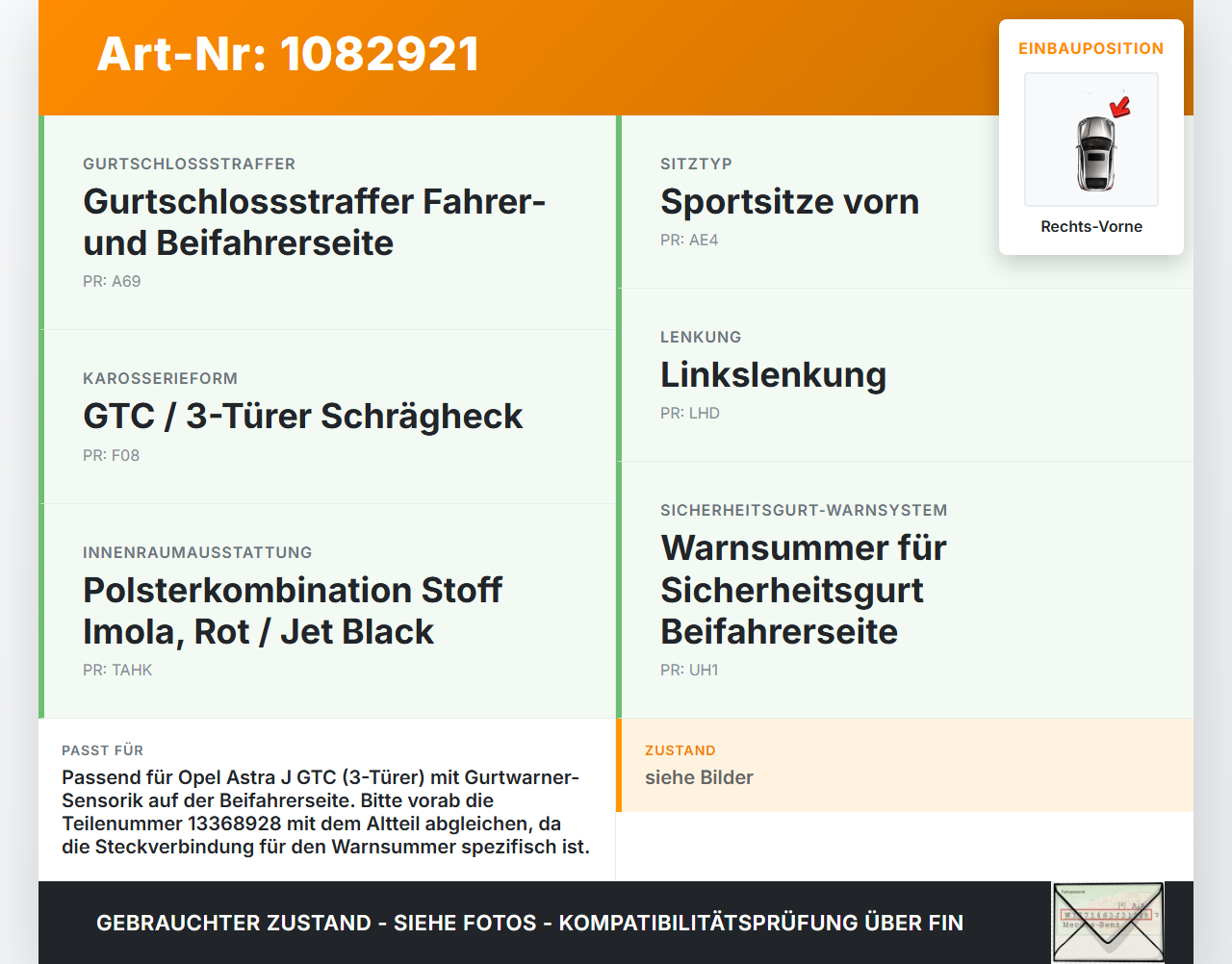 Opel Astra J GTC 11-18 3T Gurtschloss Sicherheitsgurt Gurtpeitsche Rechts Vorne Opel Astra J GTC 11-18 16.11.2011... Vorschau 3