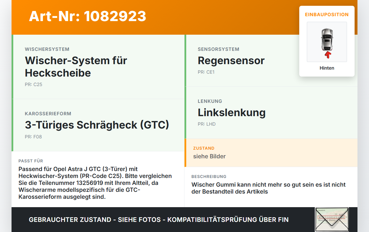 Opel Astra J GTC 11-18 3T Heckwischer Scheibenwischer Wischarm Wischerarm Hinten Opel Astra J GTC 11-18 16.11.2011... Vorschau 3