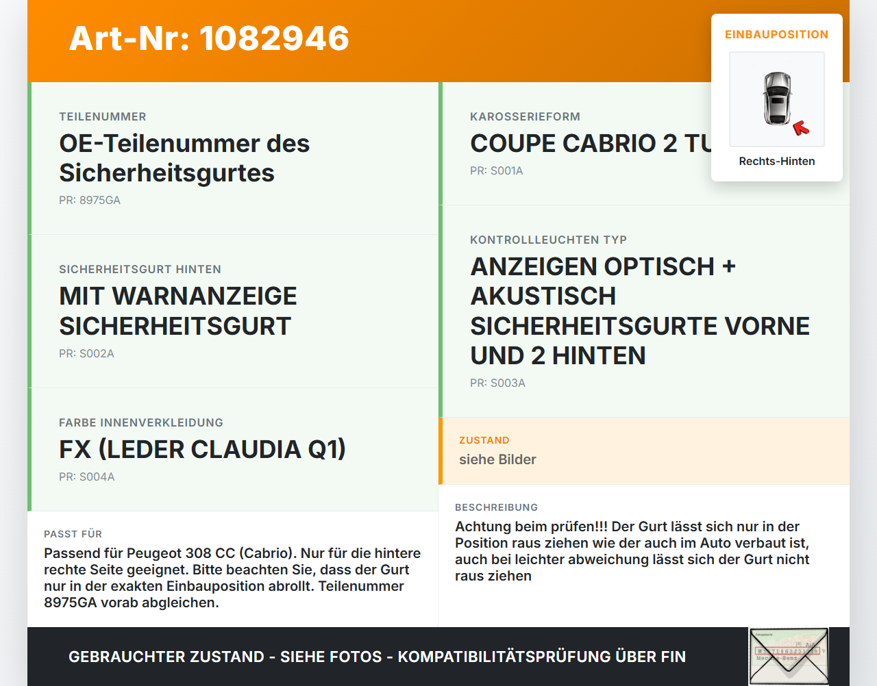 Peugeot 308 CC 07-11 Cabrio Gurt Sicherheitsgurt Rechts Hinten Peugeot 308 CC 07-11 26.01.2011 8975GA gebraucht Vorschau 3