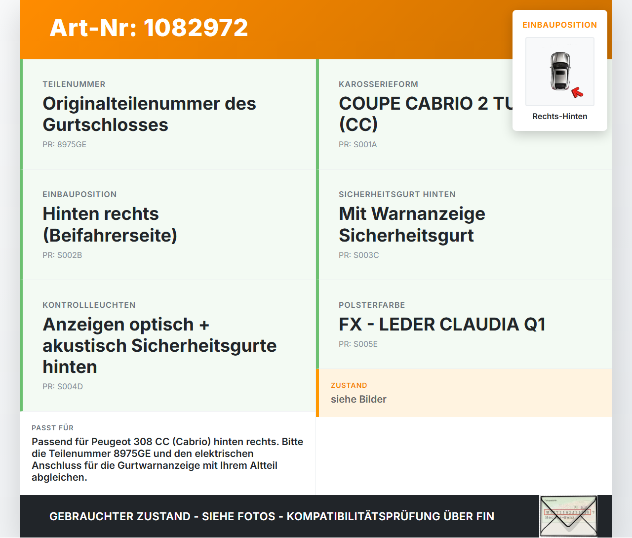 Peugeot 308 CC 07-11 Cabrio Gurtschloss Gurtpeitsche Sicherheitsgurt Rechts Hinten Peugeot 308 CC 07-11 26.01.2011... Vorschau 3