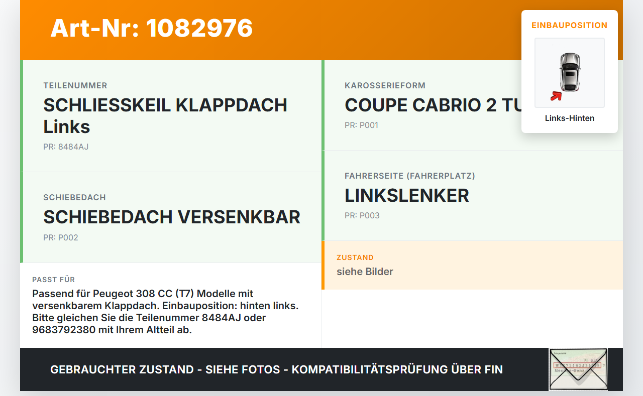 Peugeot 308 CC 07-11 Cabrio Verriegelung für Verdeck Hardtop Links Hinten Peugeot 308 CC 07-11 26.01.2011 8484AJ... Vorschau 3
