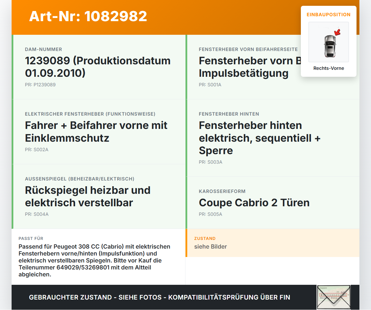 Peugeot 308 CC 07-11 Cabrio Fensterheberschalter Schalter Fensterheber Rechts Vorne Peugeot 308 CC 07-11 26.01.2011... Vorschau 3